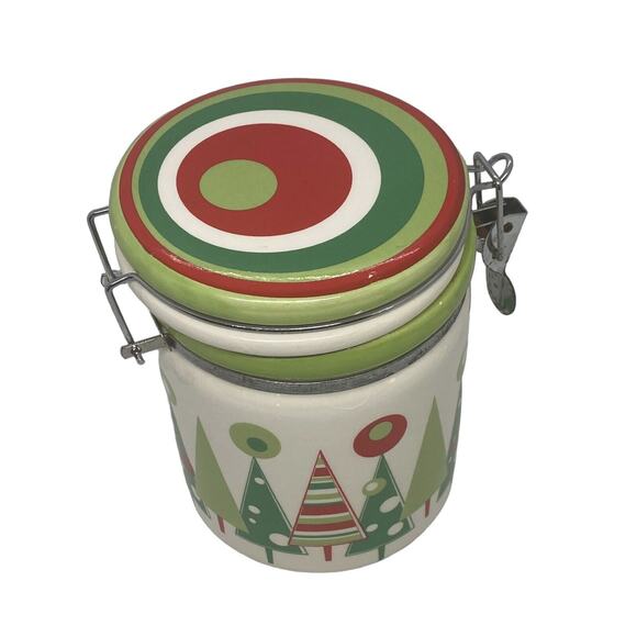 Christmas Trees Wire Bail Lidded Candy Coffee Treat Crock Canister Lucerne Foods - Picture 5 of 16